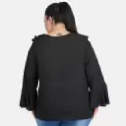 PKRKART Women's Casual Bell Sleeve Solid Black Top (Color:Black, Material:Georgette)