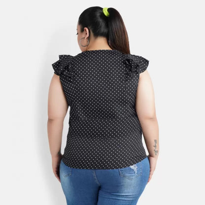 PKRKART Women's Casual Flutter Sleeve Polka Print Black Top (Color:Black, Material:Crepe)