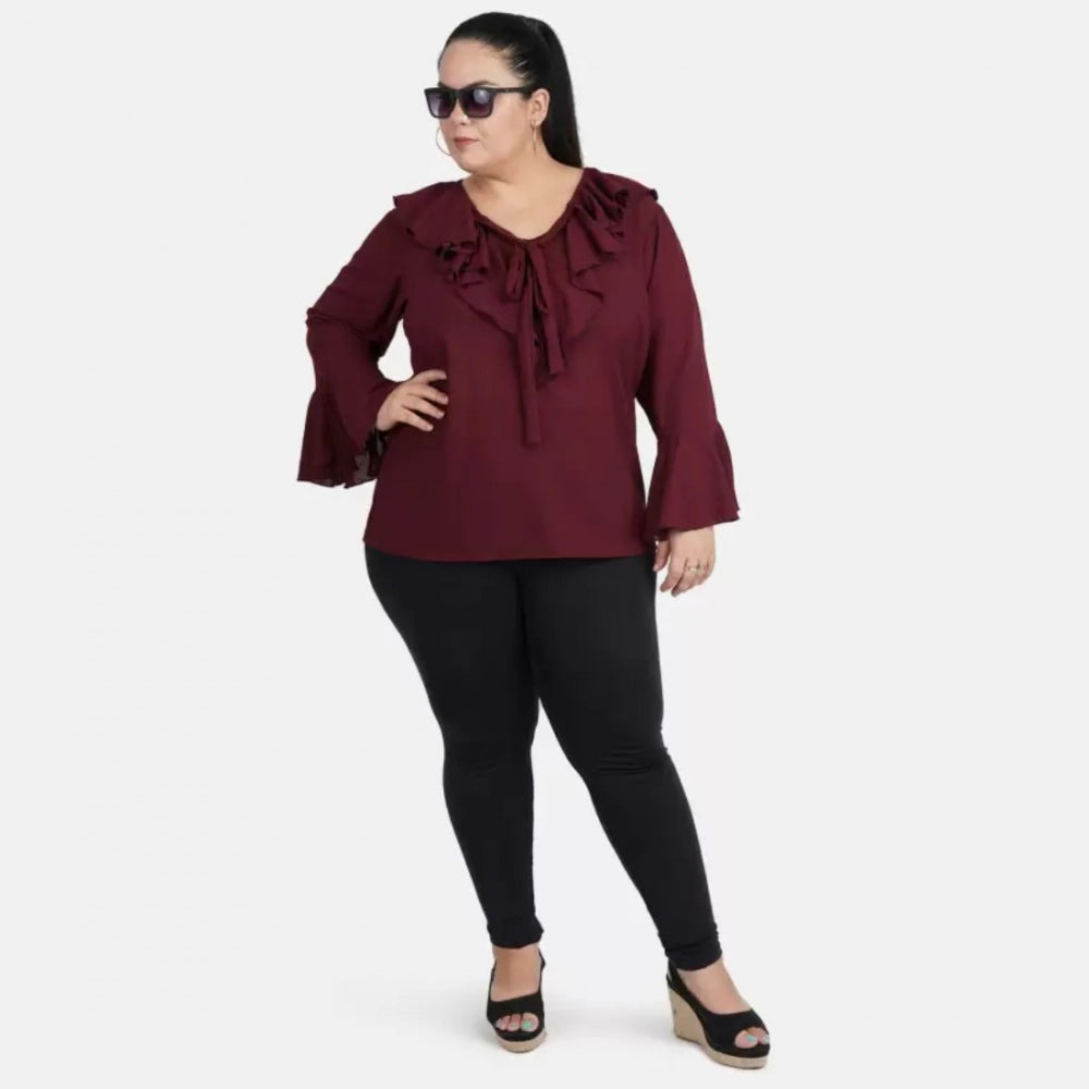 PKRKART Women's Casual Bell Sleeve Solid Maroon Top (Color:Maroon, Material:Georgette)