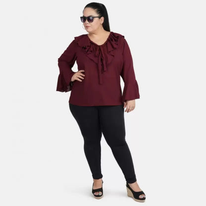 PKRKART Women's Casual Bell Sleeve Solid Maroon Top (Color:Maroon, Material:Georgette)