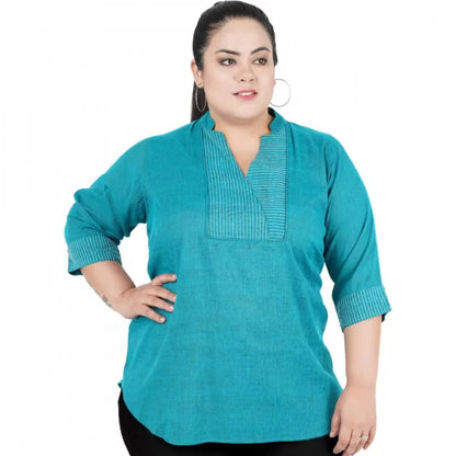 PKRKART Women's Casual Three Fourth Sleeve Embroidered Light Green Top (Color:Light Blue, Material:Cotton Linen Blend)