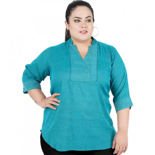 PKRKART Women's Casual Three Fourth Sleeve Embroidered Light Green Top (Color:Light Blue, Material:Cotton Linen Blend)