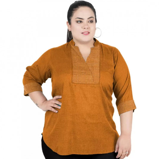 PKRKART Women's Casual Three Fourth Sleeve Embroidered Yellow Top (Color:Yellow, Material:Cotton Linen Blend)