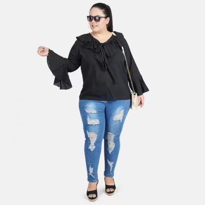 PKRKART Women's Casual Bell Sleeve Solid Black Top (Color:Black, Material:Georgette)