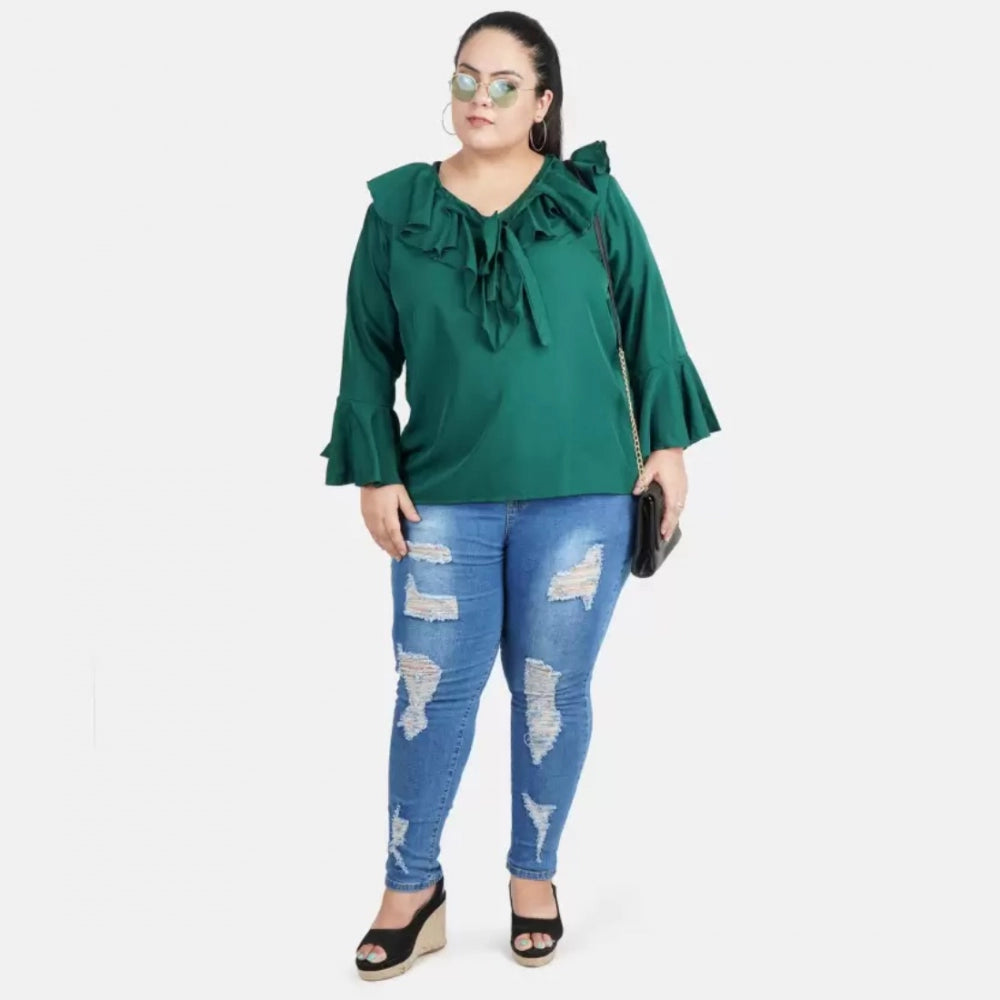 PKRKART Women's Casual Bell Sleeve Solid Green Top (Color:Green, Material:Georgette)