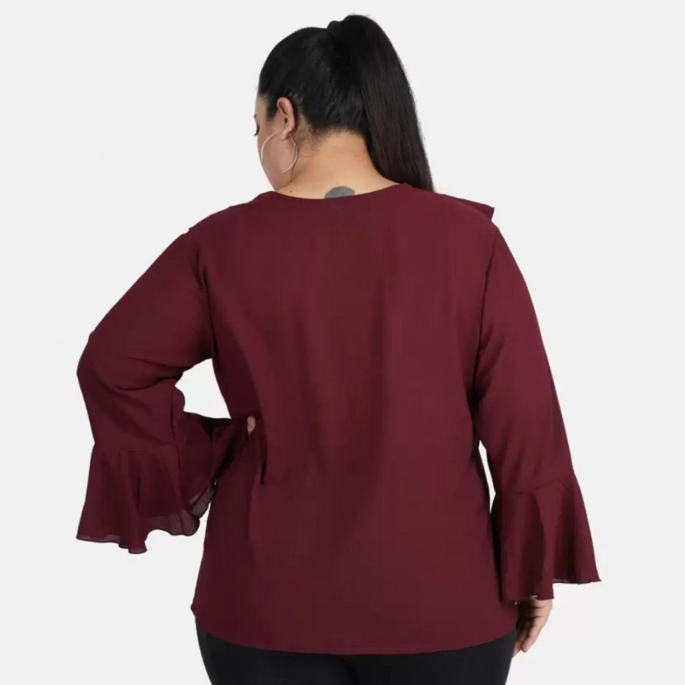 PKRKART Women's Casual Bell Sleeve Solid Maroon Top (Color:Maroon, Material:Georgette)