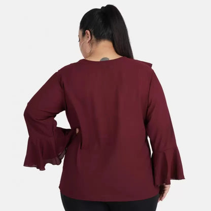 PKRKART Women's Casual Bell Sleeve Solid Maroon Top (Color:Maroon, Material:Georgette)
