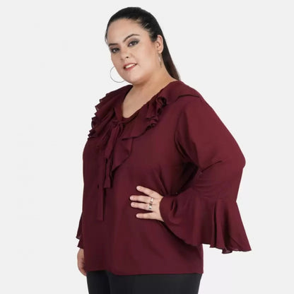 PKRKART Women's Casual Bell Sleeve Solid Maroon Top (Color:Maroon, Material:Georgette)