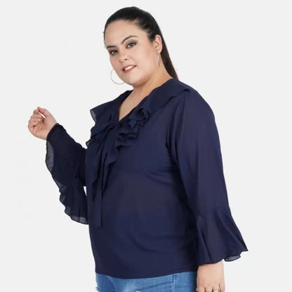 PKRKART Women's Casual Bell Sleeve Solid Blue Top (Color:Blue, Material:Georgette)