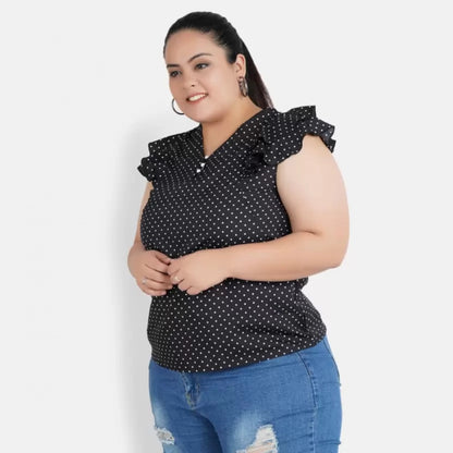 PKRKART Women's Casual Flutter Sleeve Polka Print Black Top (Color:Black, Material:Crepe)