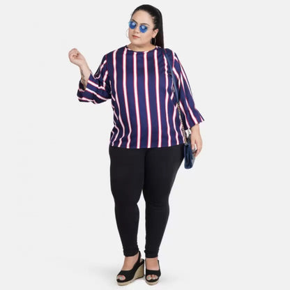 PKRKART Women's Casual Bell Sleeve Striped Blue Top (Color:Blue, Material:Crepe)