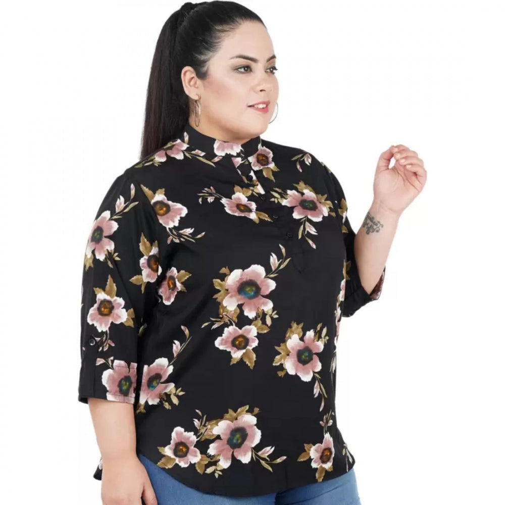 PKRKART Women's Casual Three Fourth Sleeve Printed Black Top (Color:Black, Material:Poly Crepe)