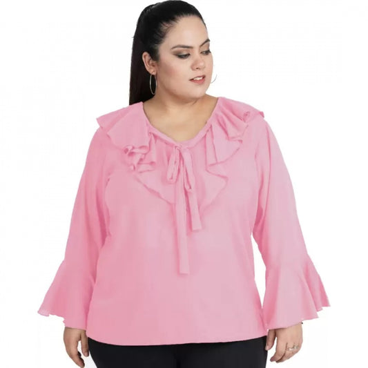 PKRKART Women's Casual Bell Sleeve Solid Pink Top (Color:Pink, Material:Georgette)