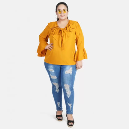 PKRKART Women's Casual Bell Sleeve Solid Yellow Top (Color:Yellow, Material:Georgette)