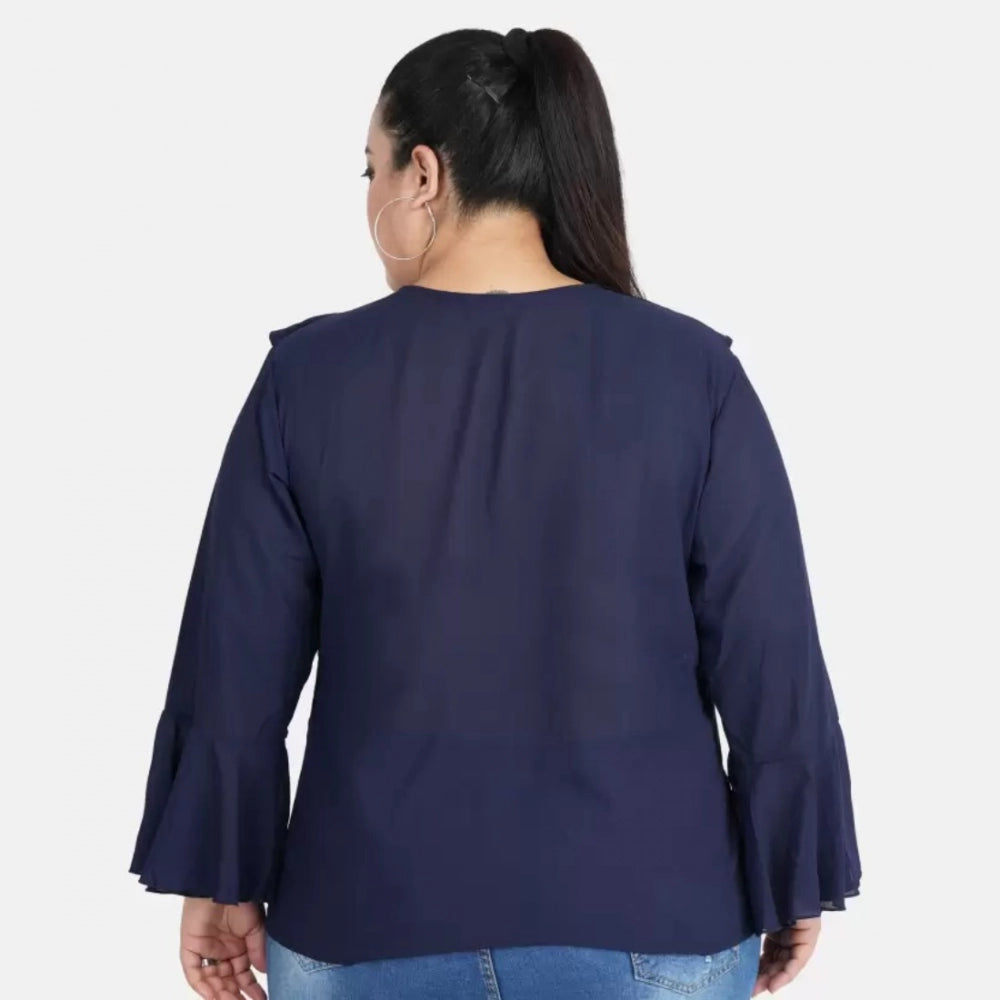PKRKART Women's Casual Bell Sleeve Solid Blue Top (Color:Blue, Material:Georgette)