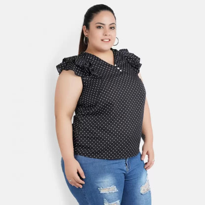 PKRKART Women's Casual Flutter Sleeve Polka Print Black Top (Color:Black, Material:Crepe)