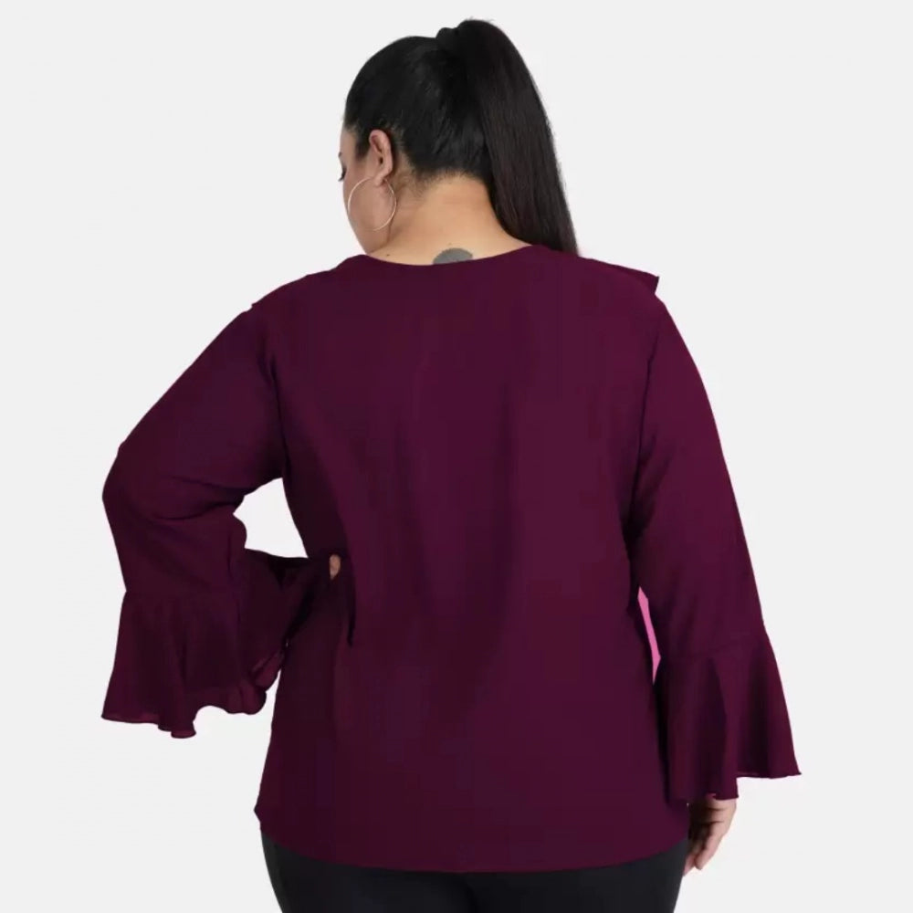 PKRKART Women's Casual Bell Sleeve Solid Purple Top (Color:Purple, Material:Georgette)