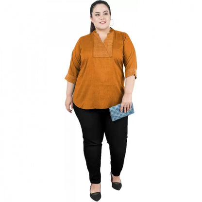 PKRKART Women's Casual Three Fourth Sleeve Embroidered Yellow Top (Color:Yellow, Material:Cotton Linen Blend)