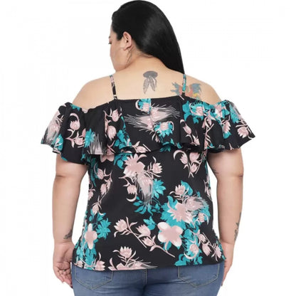 PKRKART Women's Casual Floral Print Black Top (Color:Black, Material:Polyester)