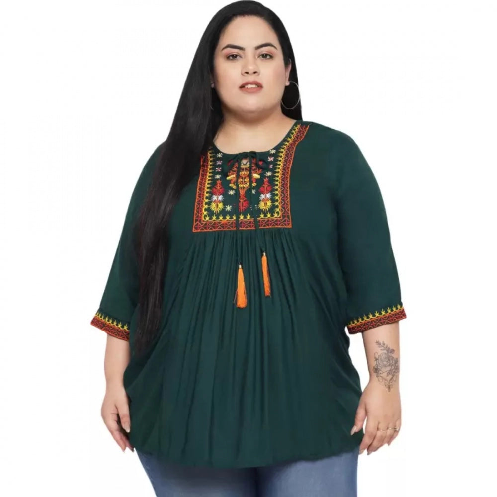 PKRKART Women's Casual Embroidered Dark Green Top (Color:Dark Green, Material:Rayon)