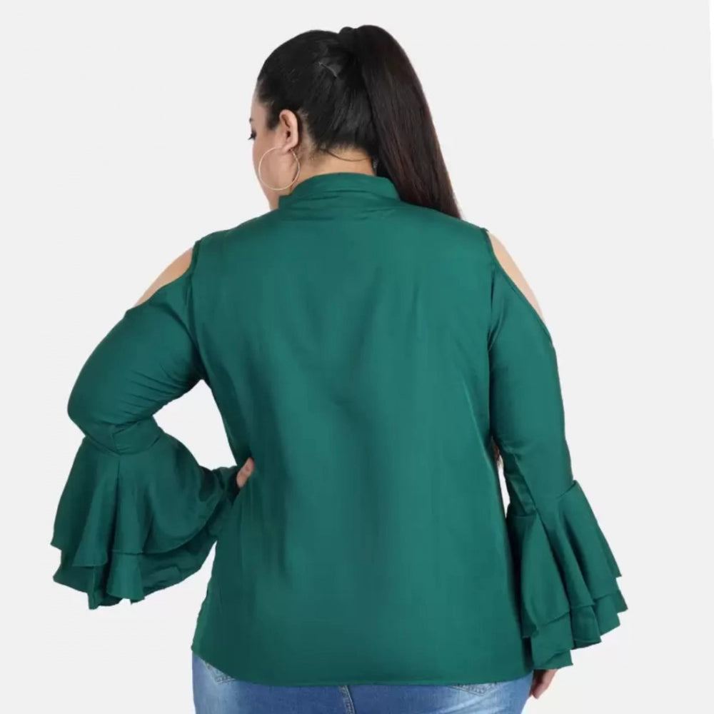 PKRKART Women's Casual Bell Sleeve Solid Green Top (Color:Green, Material:Crepe)