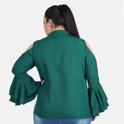 PKRKART Women's Casual Bell Sleeve Solid Green Top (Color:Green, Material:Crepe)