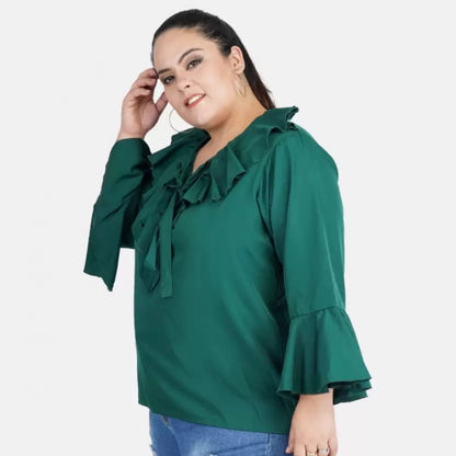 PKRKART Women's Casual Bell Sleeve Solid Green Top (Color:Green, Material:Georgette)