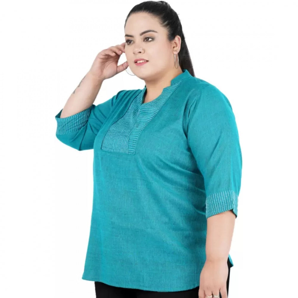 PKRKART Women's Casual Three Fourth Sleeve Embroidered Light Green Top (Color:Light Blue, Material:Cotton Linen Blend)