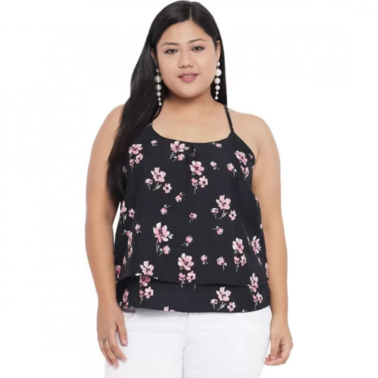 PKRKART Women's Casual Floral Print Black Top (Color:Black, Material:Polyester)