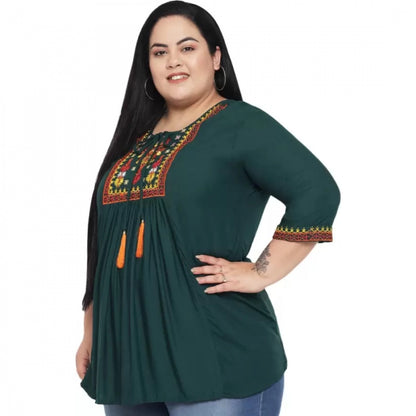 PKRKART Women's Casual Embroidered Dark Green Top (Color:Dark Green, Material:Rayon)