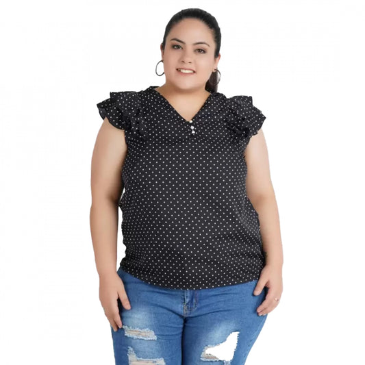 PKRKART Women's Casual Flutter Sleeve Polka Print Black Top (Color:Black, Material:Crepe)