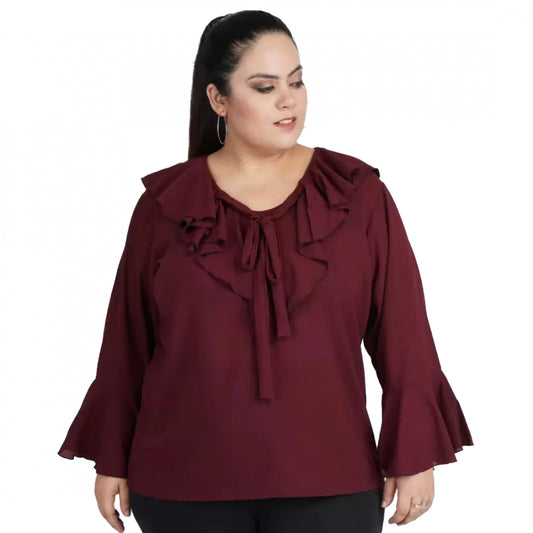 PKRKART Women's Casual Bell Sleeve Solid Maroon Top (Color:Maroon, Material:Georgette)