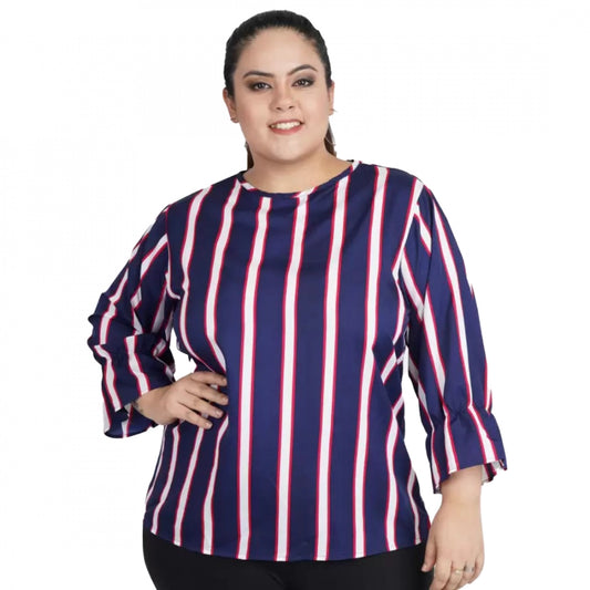PKRKART Women's Casual Bell Sleeve Striped Blue Top (Color:Blue, Material:Crepe)
