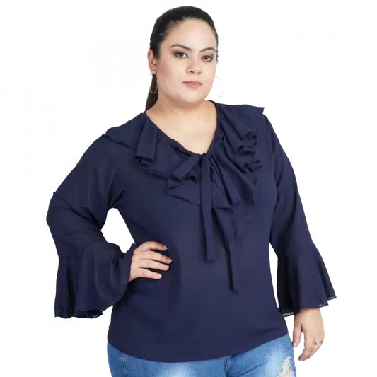 PKRKART Women's Casual Bell Sleeve Solid Blue Top (Color:Blue, Material:Georgette)