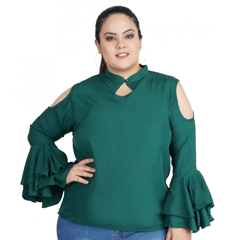 PKRKART Women's Casual Bell Sleeve Solid Green Top (Color:Green, Material:Crepe)