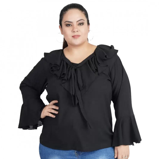 PKRKART Women's Casual Bell Sleeve Solid Black Top (Color:Black, Material:Georgette)