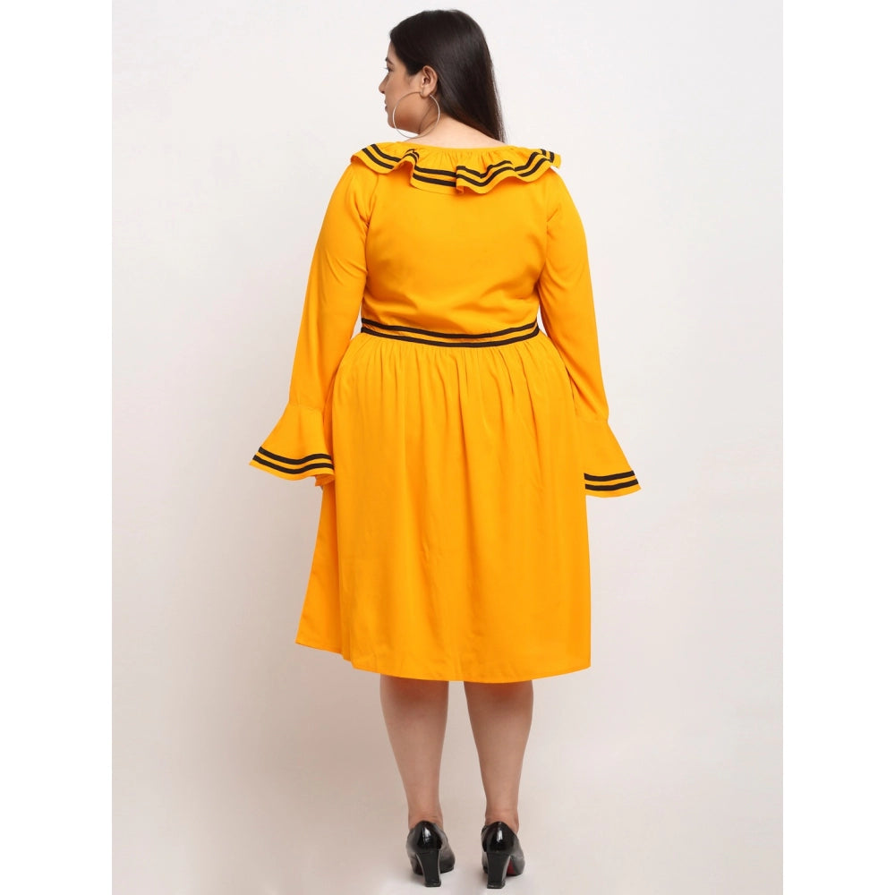 PKRKART Women's Crepe Solid Knee Length Fit and Flare Dress (Yellow)