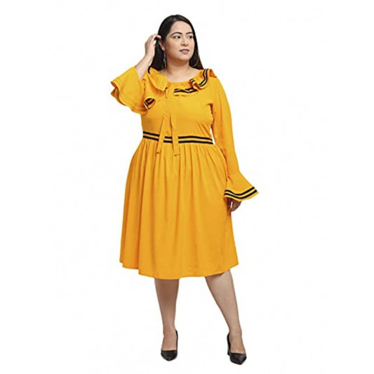 PKRKART Women's Crepe Solid Knee Length Fit and Flare Dress (Yellow)