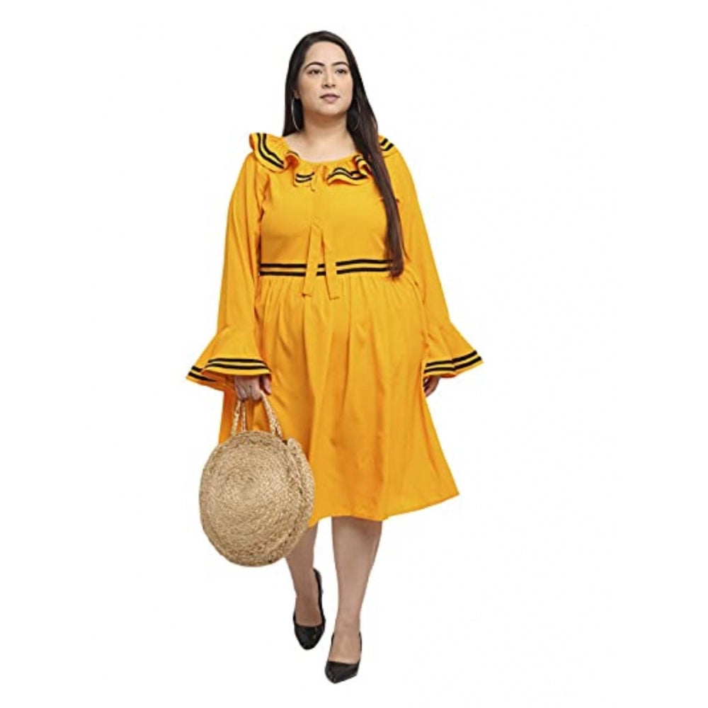PKRKART Women's Crepe Solid Knee Length Fit and Flare Dress (Yellow)