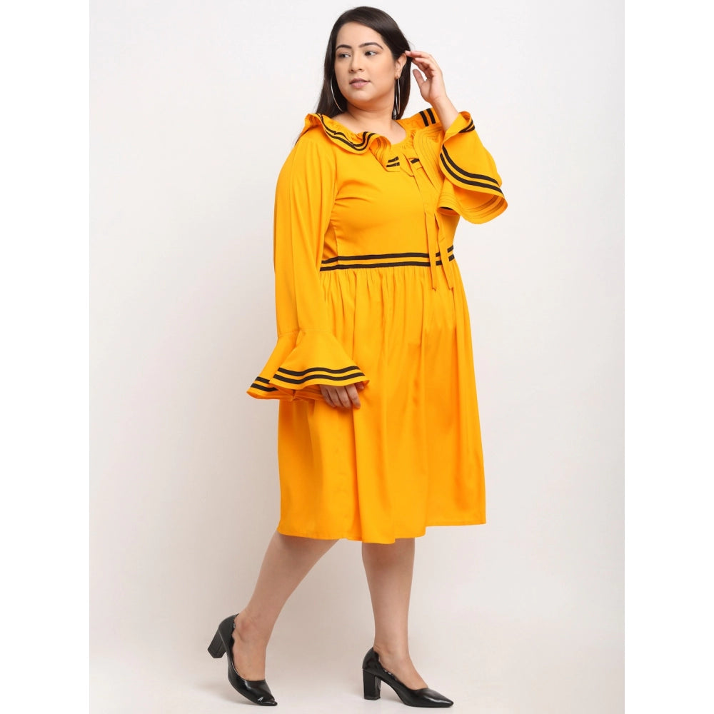 PKRKART Women's Crepe Solid Knee Length Fit and Flare Dress (Yellow)