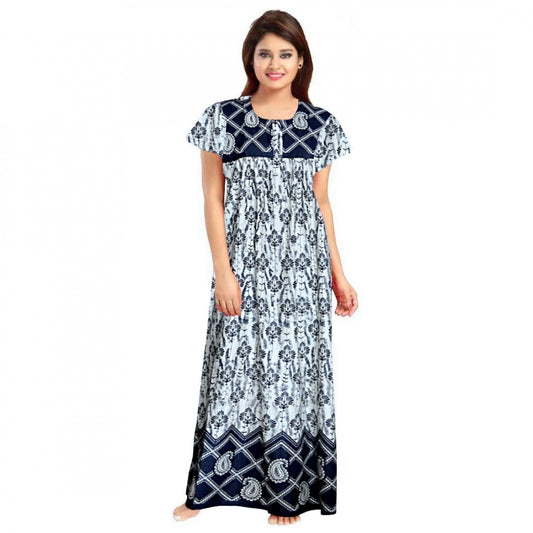 PKRKART Women's Cotton Printed Maxi Nighty (Navy Blue)