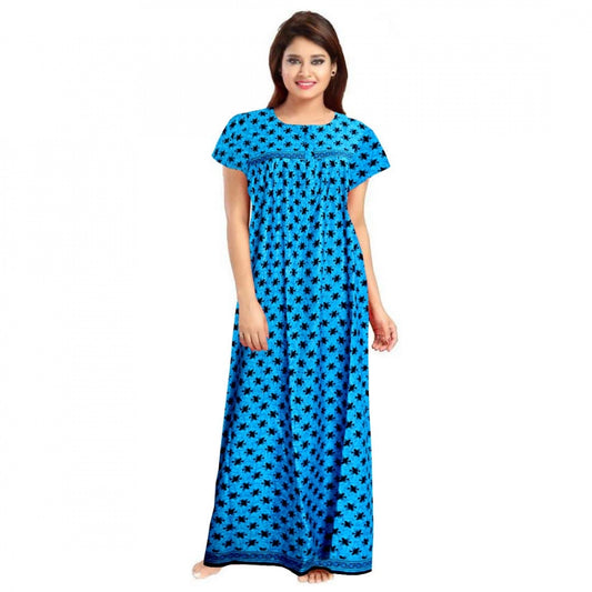 PKRKART Women's Cotton Printed Maxi Nighty (Aqua Blue)