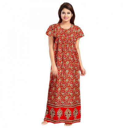 PKRKART Women's Cotton Printed Maxi Nighty (Red)