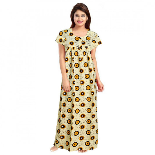 PKRKART Women's Cotton Printed Maxi Nighty (Off White)