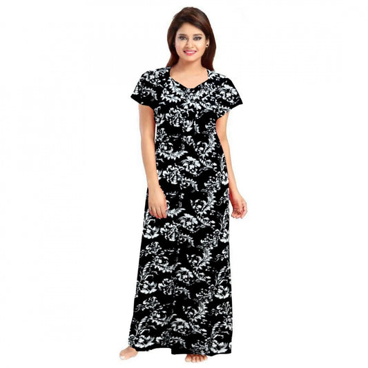 PKRKART Women's Cotton Printed Maxi Nighty (Black)