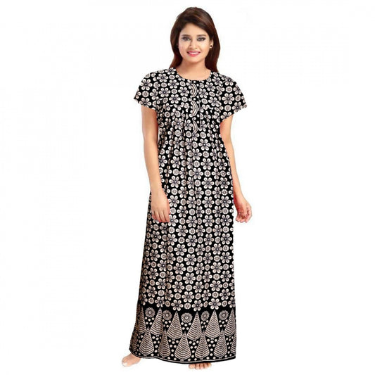 PKRKART Women's Cotton Printed Maxi Nighty (Black)