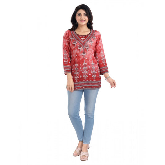 PKRKART Women's 3/4th Sleeve Faux Crepe Tunic Short Top (Red)