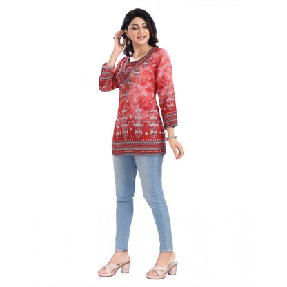 PKRKART Women's 3/4th Sleeve Faux Crepe Tunic Short Top (Red)