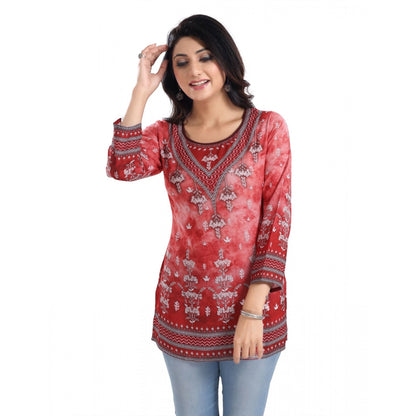 PKRKART Women's 3/4th Sleeve Faux Crepe Tunic Short Top (Red)