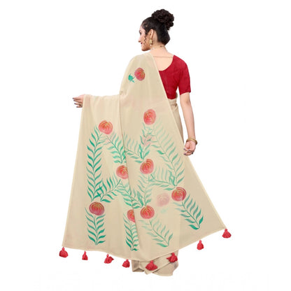 PKRKART Women's Georgette Floral Hand Printed Sarees (Beige, 5-6 Mtrs)